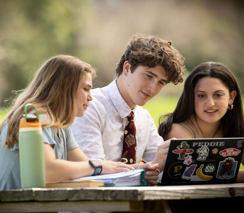 three students sitting on a picnic table outside doing work on a laptop