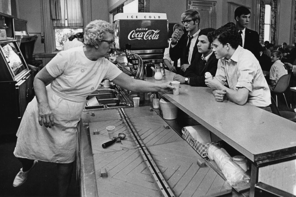 Peddie students enjoy snacks and conversation in the late 1960s at the Canteen, a favorite campus hangout.