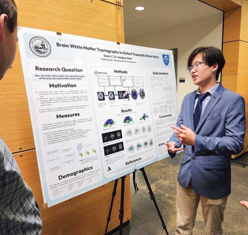 Sean Li ’25 shares his Computer Science Summer Signature Experience research project with peers and teachers at Peddie.