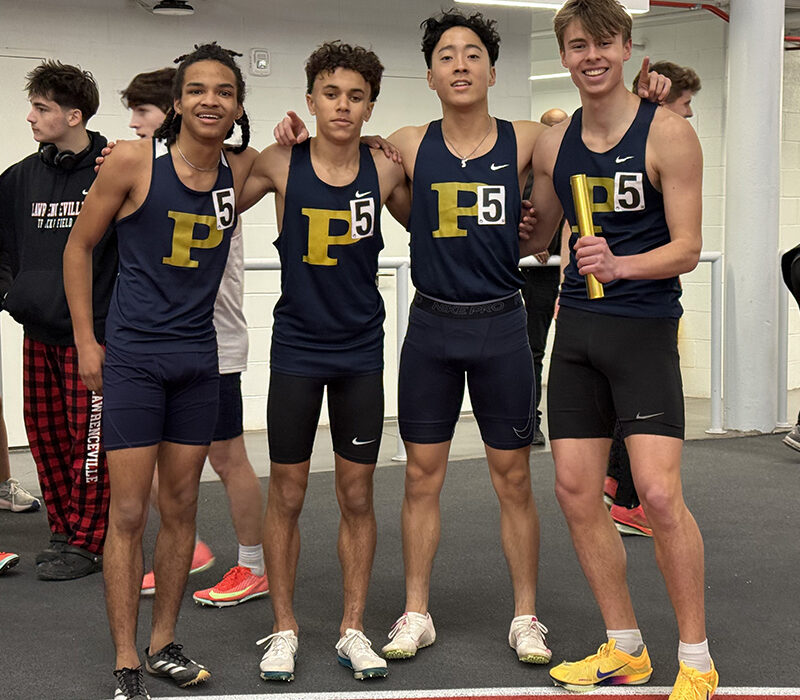 the boys 4x400-meter relay team consisting of Luca Romanelli, Luke Chon, Dasyer Bullock and Elie Meyer won the event and broke a school record with a 3:28.01 at the 2025-2026 MAPL Indoor Track and Field Championships at The Lawrenceville School on Feb. 7, 2026.