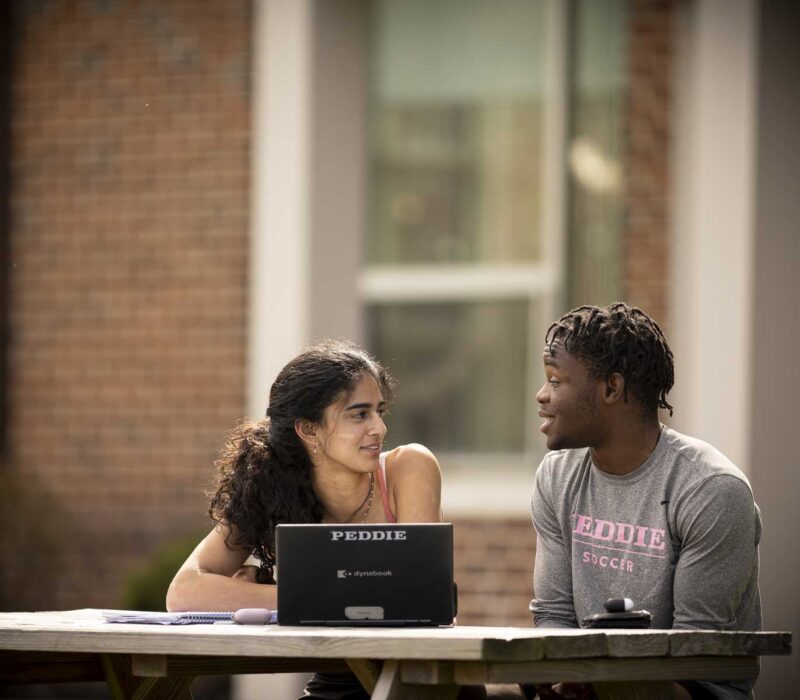 Peddie students at picnic table with laptop